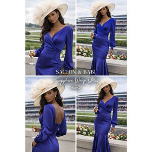 Sachin & Babi Sapphire Blue Satin Wrap Dress Long Sleeve Cocktail Midi Size 2